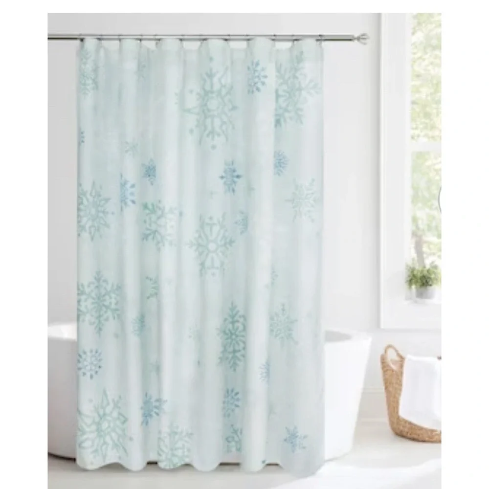 Holiday Living 72-in W x‎ 72-in L Green With Snowflakes Fabric Shower Curtain